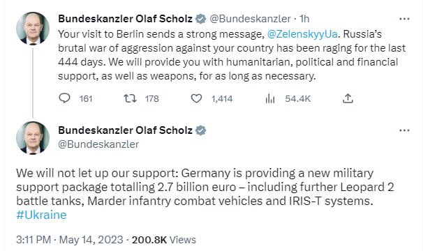 Germany announced a new package of military aid to support Ukraine in the amount of about €2.7 billion. German Chancellor Olaf Scholz wrote about this on Twitter. In particular, Leopard-1 battle tanks, Marder BMPs and Iris-T air defense systems will be sent to Ukraine