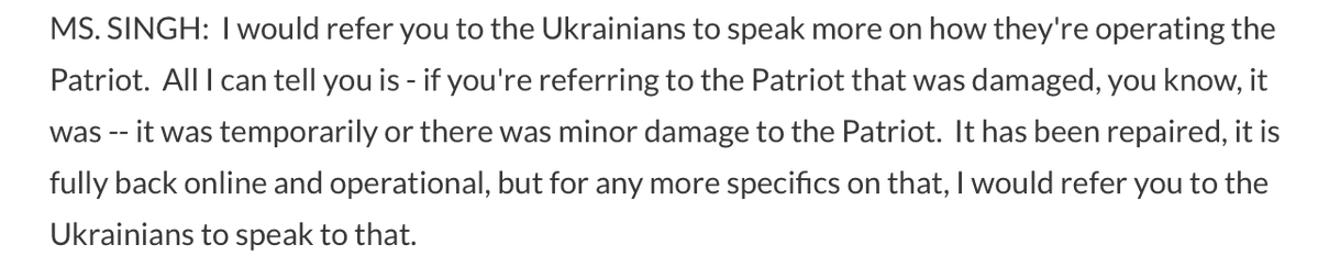 .@Pentagon's @sabrinasingh24 has this update on the U.S. Patriot missile defense system in Ukraine, that Russia claims to have destroyed recently (with a Kindzhal hypersonic missile): It has been repaired, it is fully back online and operational.