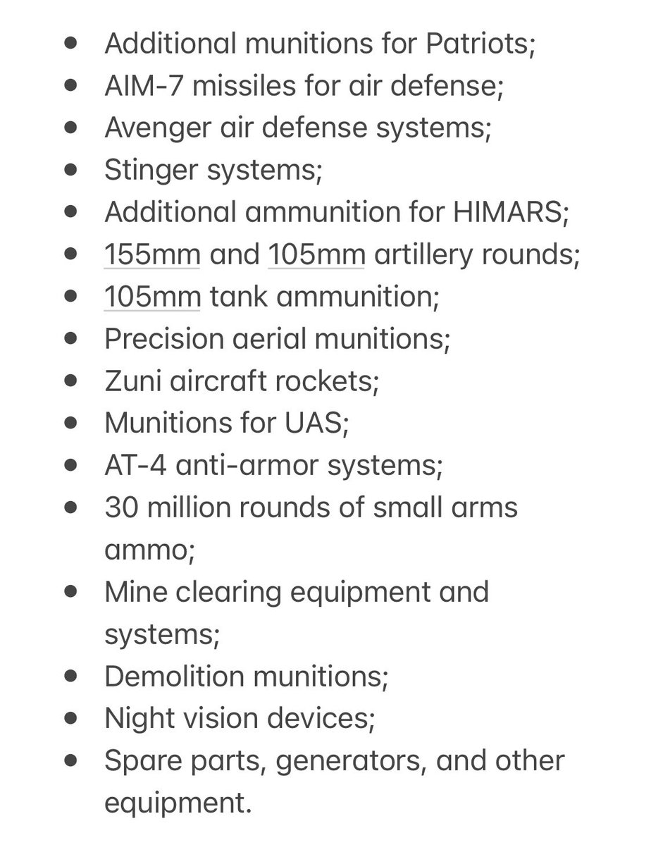 US announced a new $300 million security package for Ukraine. It includes munitions for Patriots, more Avenger air-defense systems, Stingers, AIM-7 and Zuni missiles, ammo for HIMARS, artillery, tanks, and more