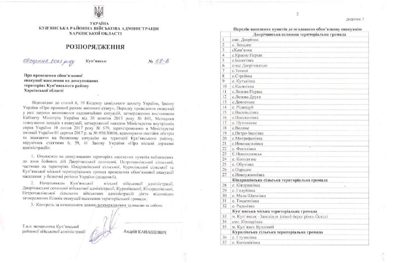 Mandatory evacuation declared in Kupiansk district of Kharkiv region
