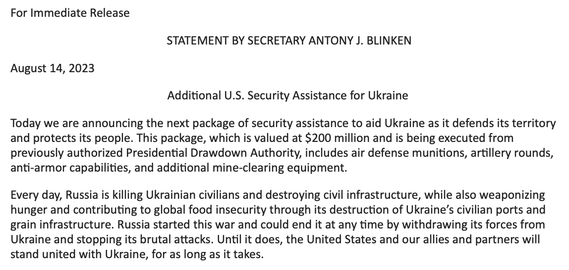 .@StateDept formally announces new $200 million security assistance package for Ukraine nnDrawdown includes: -air defense munitions; -artillery rounds; -anti-armor capabilities; -mine-clearing equipment