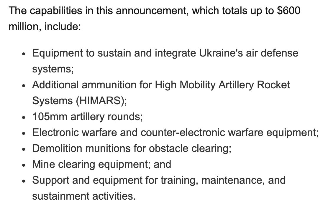 US @DeptofDefense announces new $600 million security package for Ukraine. Capabilities - including air defense support, HIMARS ammo, artillery rounds - will be bought through Ukraine Security Assistance Initiative (USAI) and delivered  later
