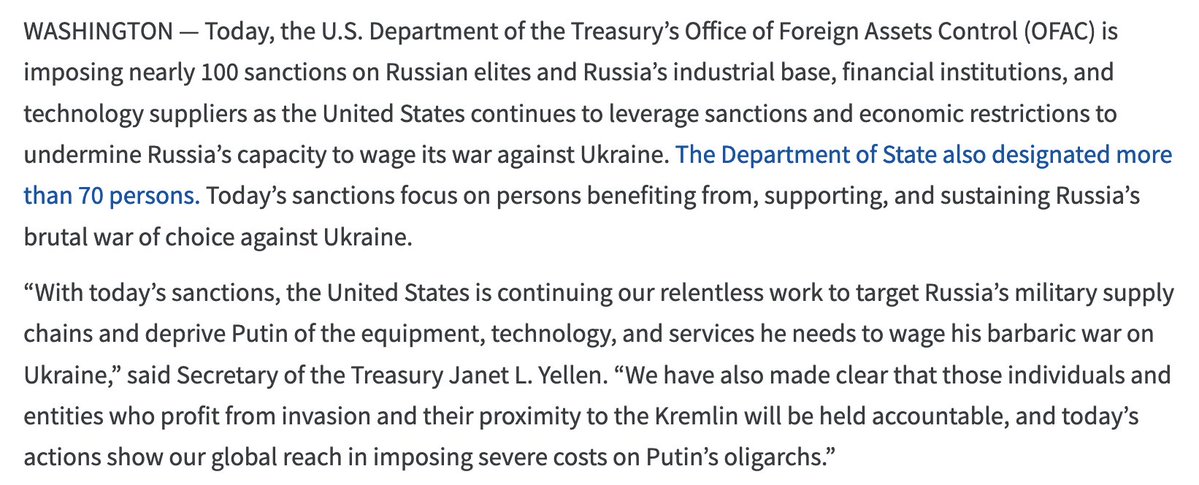 @USTreasury slaps Russian elites, Russian industrial base and tech suppliers with nearly 100 sanctions. Aim is to deprive Putin of the equipment, technology, and services he needs to wage his barbaric war on Ukraine per @SecYellen