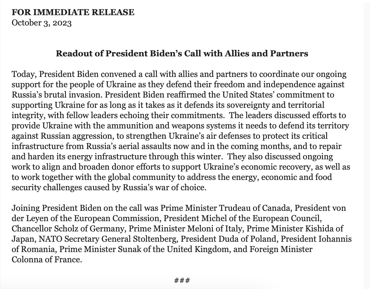 Das Weiße Haus veröffentlicht eine Verlesung des Aufrufs der alliierten Führer an die Ukraine.