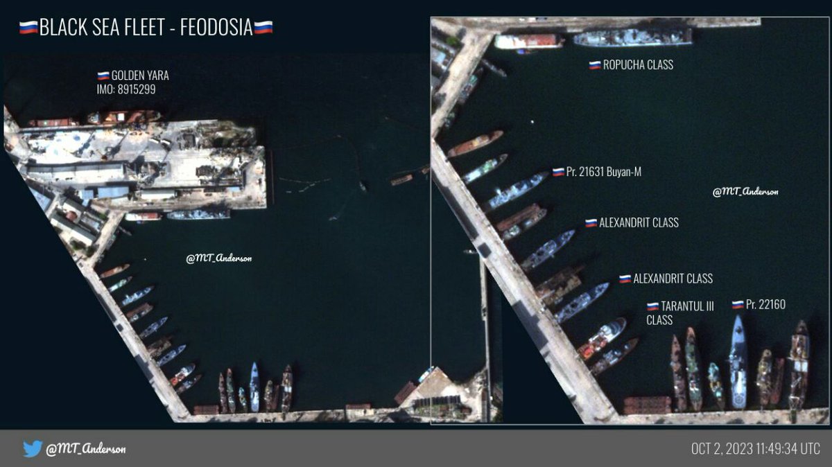 The Exodus of Russian ships from Sevastopol: Russian Black Sea Fleet moved most of its ships from Sevastopol to Novorossiysk. All three operational submarines of Project 06363 (Kilo-class), both frigates of Project 11356 (Admiral Grigorovich-class) & one patrol ship moved to Novorossiysk. Project 1135M (Krivak-class frigate), five large landing ships, and, apparently, the bulk of small missile ships are also in Novorossiysk. Another part of the ships - one large landing ship, two small missile ships and both new minesweepers of Project 12700 (Alexandrit-class) - moved from Sevastopol to Feodosia