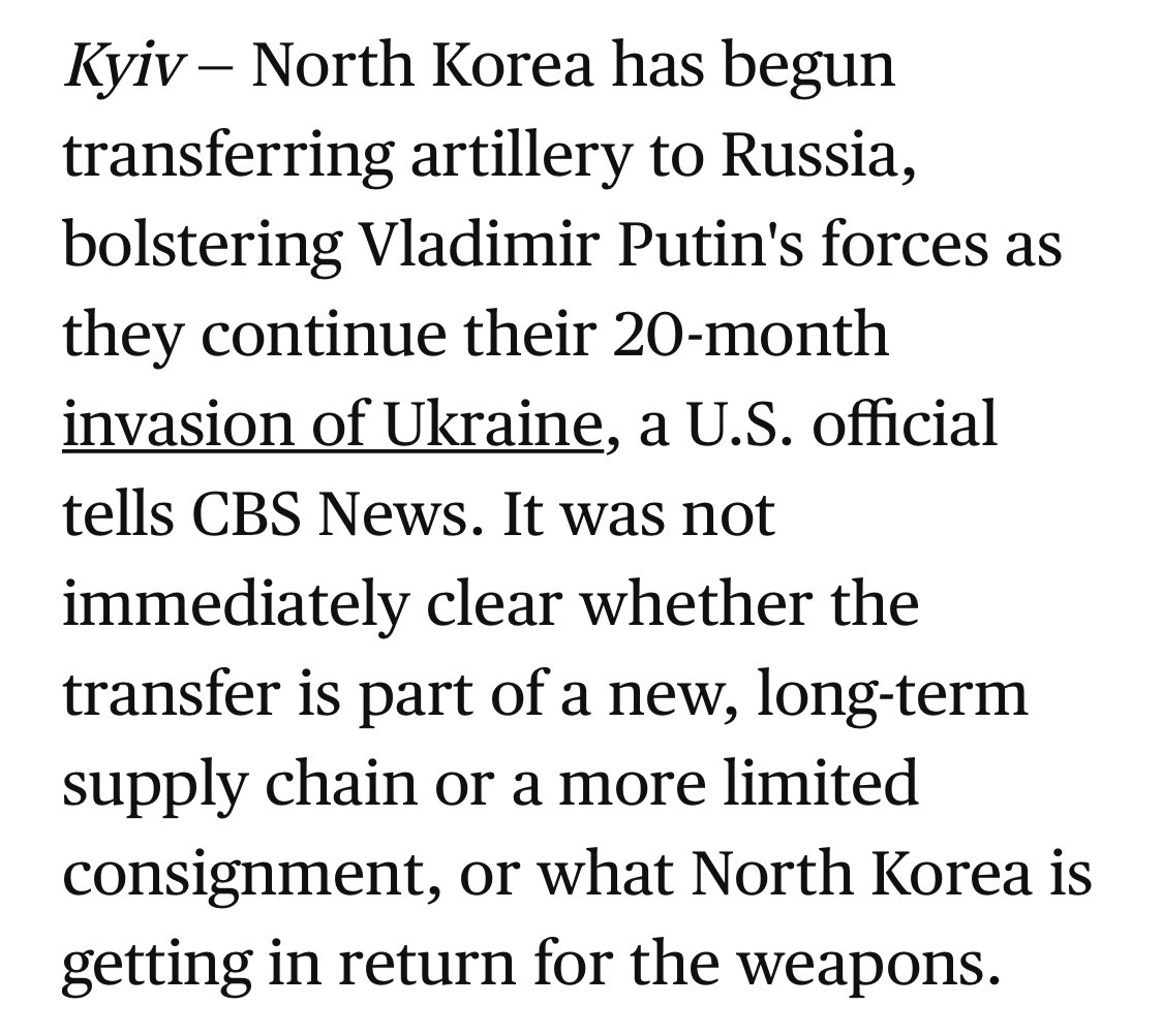 La Corée du Nord a commencé à transférer de l'artillerie vers la Russie, renforçant ainsi les forces de Poutine alors qu'elles poursuivent leur invasion de l'Ukraine depuis 20 mois, a déclaré un responsable américain à CBS News.