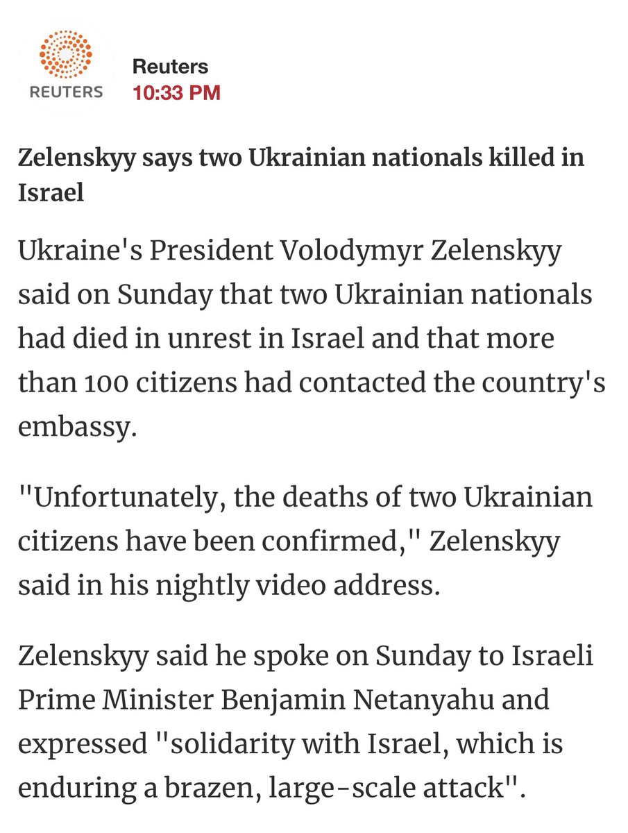 President of Ukraine Zelensky says two Ukrainian citizens have been killed in Israel