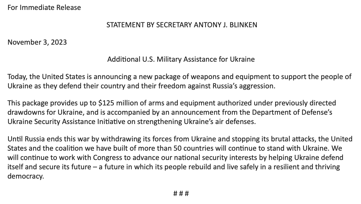 США официально объявляют о новом пакете помощи Украине в области безопасности на сумму 125 миллионов долларов. Оружие и техника поступают из ранее санкционированных сокращений.