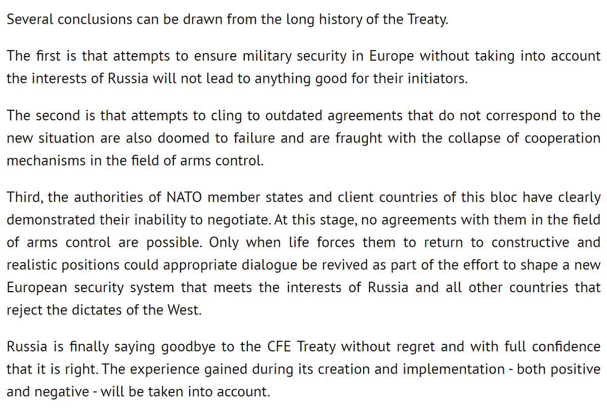 أعضاء الناتو يعتزمون تعليق العمل بمعاهدة القوات المسلحة التقليدية في أوروبا طالما كان ذلك ضروريا، وفقا لحقوقهم بموجب القانون الدولي. وهذا قرار يحظى بدعم كامل من جميع حلفاء الناتو.