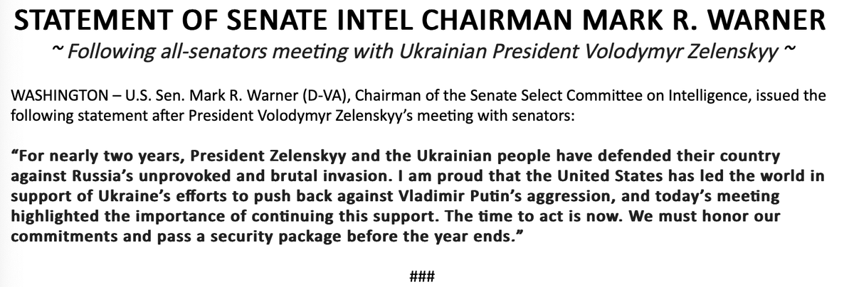 Après la réunion de tous les sénateurs avec le président ukrainien @ZelenskyyUa, le président de la commission sénatoriale du renseignement @MarkWarner appelle les États-Unis à  honorer nos engagements et à adopter un paquet de sécurité avant la fin de l'année .