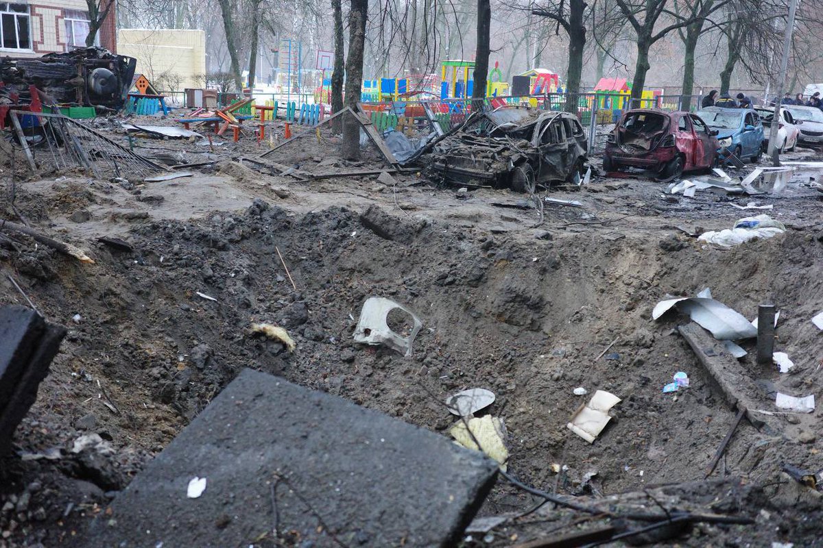 Residential house and nearby infrastructure was badly damaged as result of Russian missile attack overnight in Kyiv
