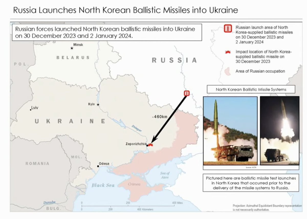 В четверг официальный представитель Белого дома Джон Кирби представил карту, на которой показано, где Россия запустила северокорейские ракеты по Украине (недалеко от Запорожья). Мы ожидаем, что Россия будет использовать дополнительные северокорейские ракеты для нанесения ударов по гражданской инфраструктуре Украины, - сказал Кирби.