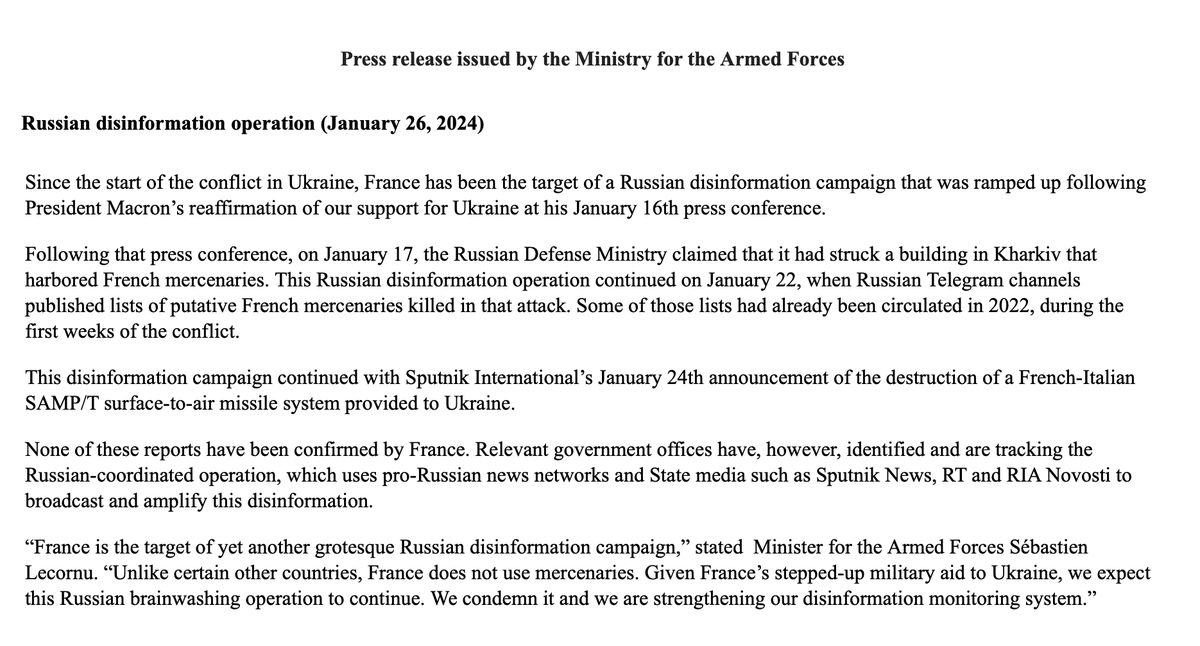 France accuses Russia of a coordinated disinformation campaign due to its support of Ukraine. Per statement from the French Ministry for the Armed Forces, Moscow ramped ups its campaign starting January 16 using state media like Sputnik, RT and RIA Nosvosti