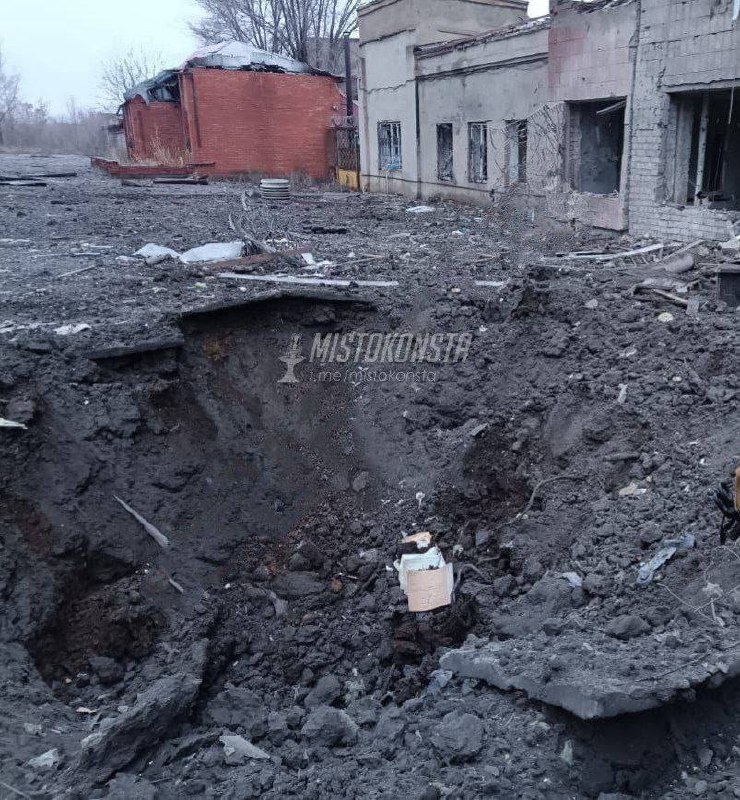 Crater at the site of Russian missile strike in Kostiatntynivka overnight