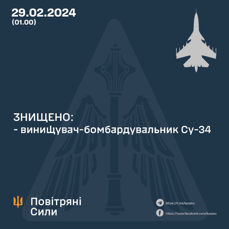Українські ВПС збили Су-34 на східному напрямку