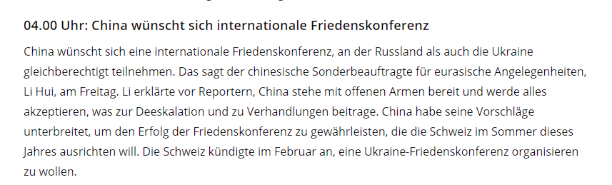 Le représentant spécial de la Chine pour les affaires eurasiennes, Li Hui, a exprimé le soutien de la Chine à une conférence de paix internationale impliquant la Russie et l'Ukraine sur un pied d'égalité. Li a souligné que la Chine était prête à accepter tout ce qui contribuerait à la désescalade et aux négociations. La Chine a soumis des propositions pour assurer le succès de la conférence de paix prévue par la Suisse cet été