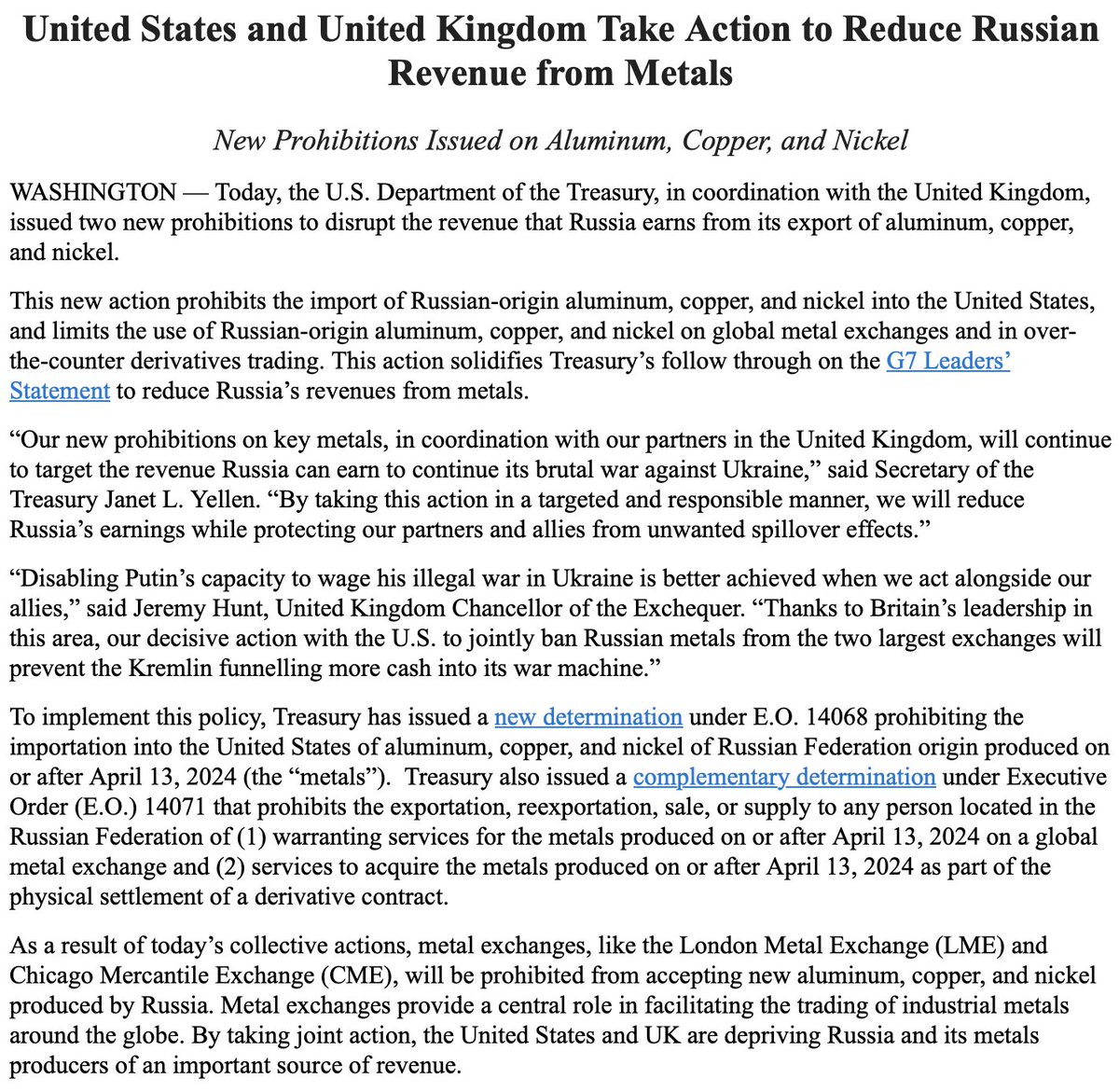 US, Britain restricted Russian metal exports, -   @USTreasury, British officials issue new prohibitions against Russian-origin aluminum, copper and nickel