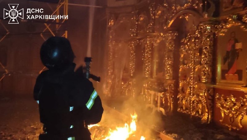 A church caught fire as result of Russian shelling in Vovchansk