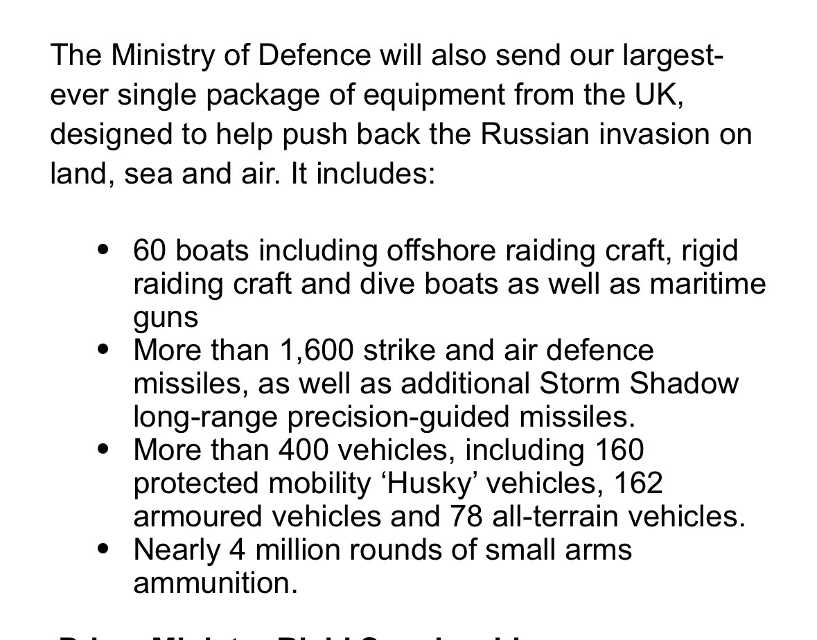 @RishiSunak wird bei einem Besuch in Polen das größte Militärhilfepaket für die Ukraine aller Zeiten bekannt geben: 500 Millionen Pfund als Finanzspritze für die Ukraine, 400 Fahrzeuge, 1600 Waffen, 4 Millionen Schuss Munition.