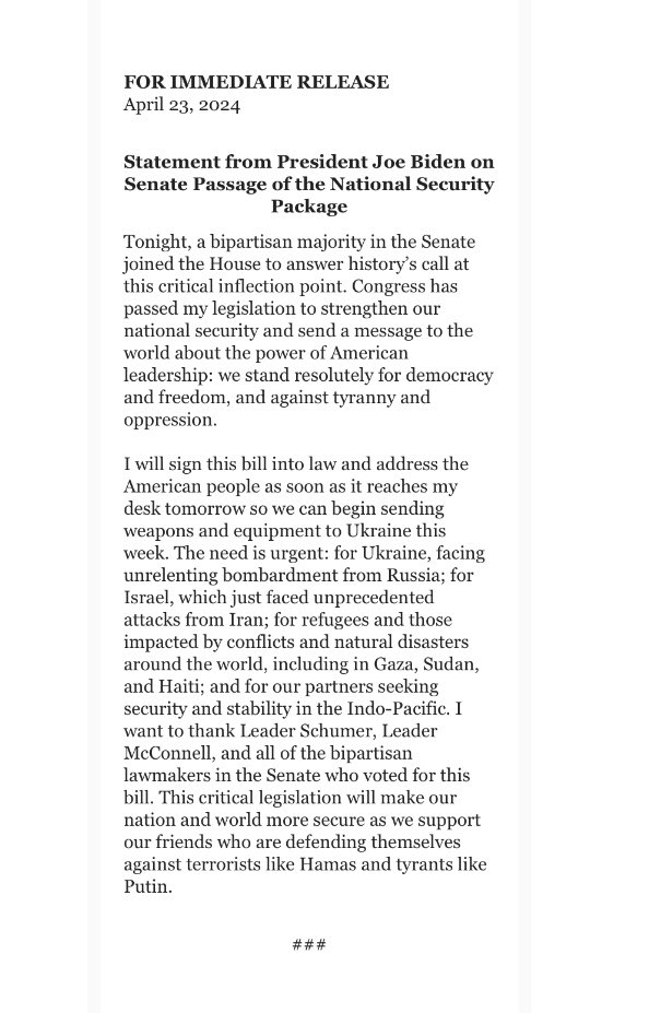 Байден після того, як Сенат США схвалив допомогу Україні: Я підпишу цей законопроект і звернуся до американського народу, щойно він надійде до мого столу завтра, щоб ми могли розпочати відправку зброї та обладнання в Україну цього тижня