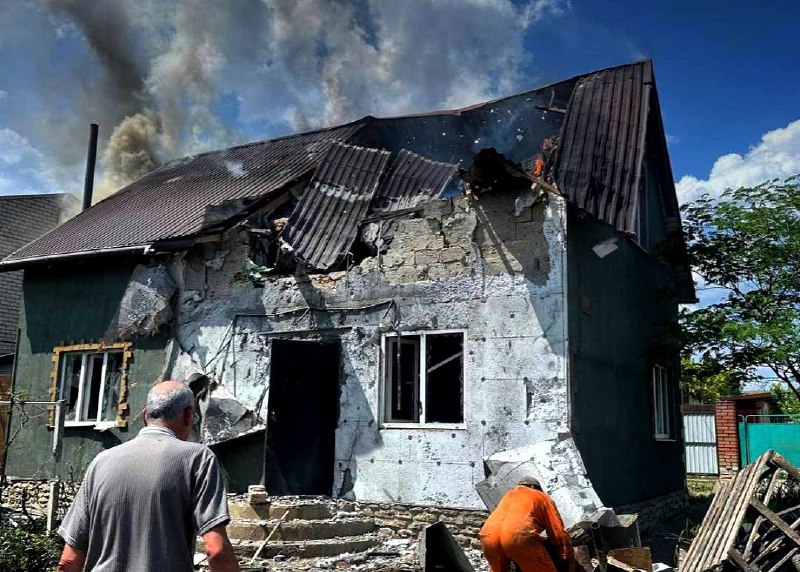 Destruction as result of Russian bombardment in Komyshany of Kherson region