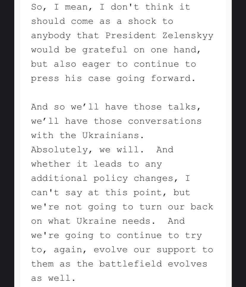 Biden admin to hold talks with Ukraine about allowing Kyiv to strike in more parts of Russia with US-provided weapons, NSC spox John Kirby told reporters today