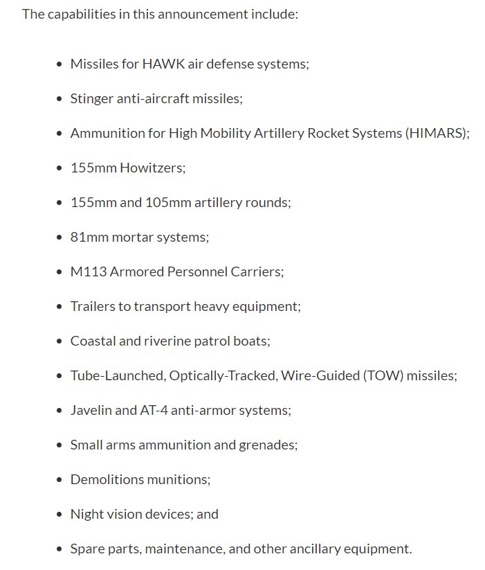 Contents of newest, $225 million U.S. weapons package for Ukraine, per @DeptofDefense (announced today by the @WhiteHouse)