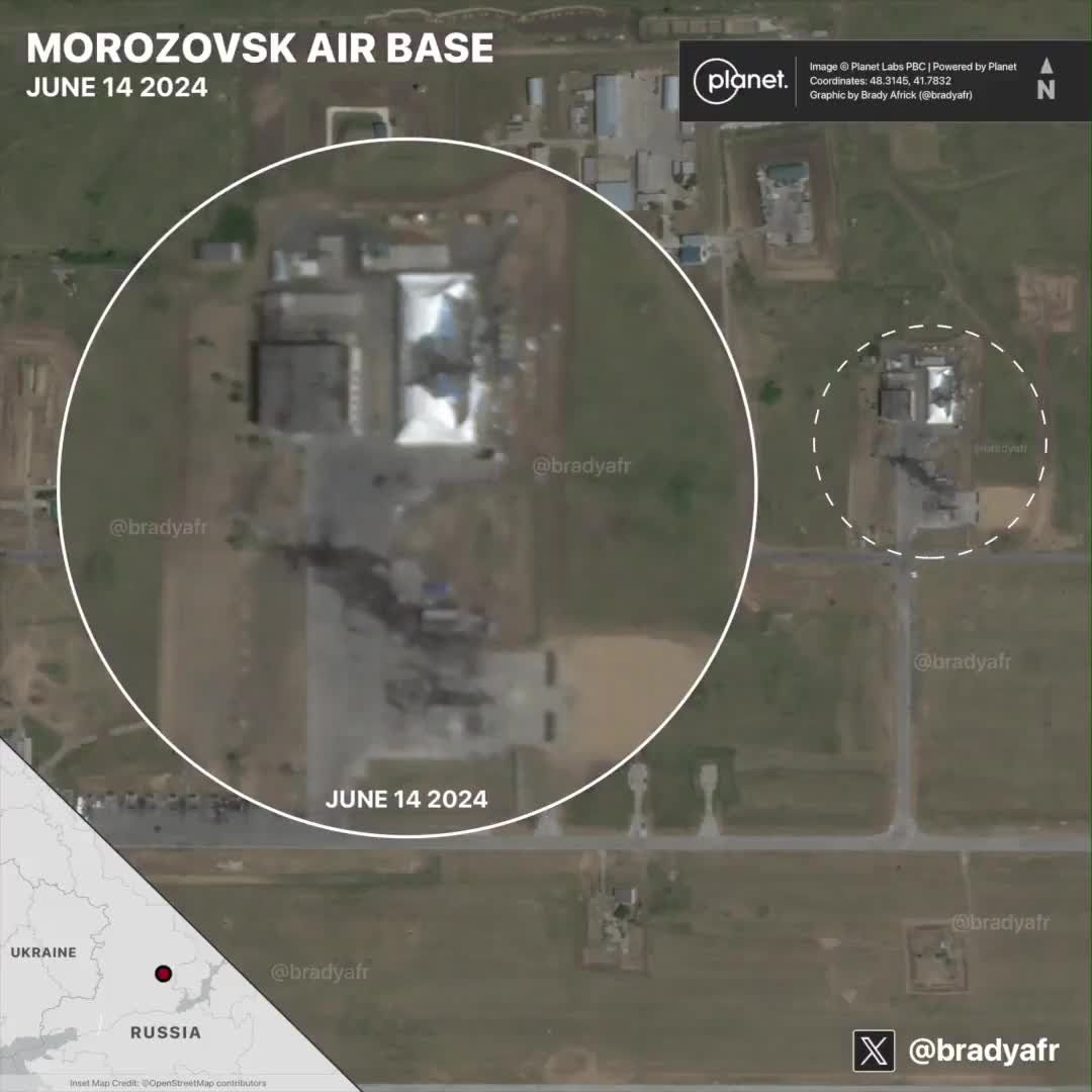 The aftermath of Ukraine's recent strike on Morozovsk air base in Russia is visible in new satellite imagery. The base was last struck by Ukraine earlier this year in April