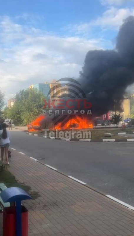 Vehicle is on fire in Kreyda district of Belgorod after reported projectile hit