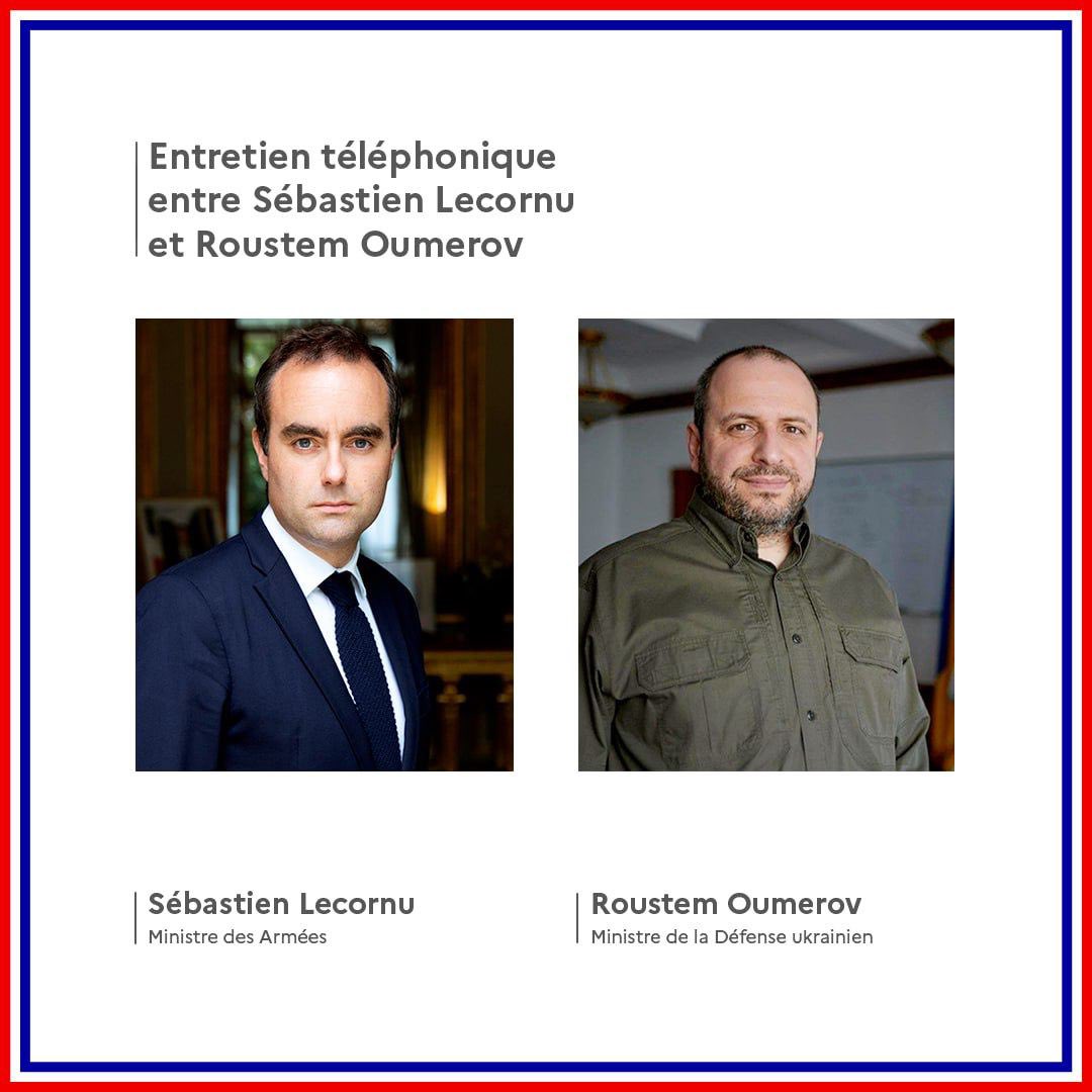 El ministro de las Fuerzas Armadas, Sébastien Lecornu: Ucrania sigue defendiéndose de la agresión rusa. Conversaciones con mi homólogo @rustem_umerov sobre la evolución de la situación en el frente y el seguimiento del apoyo francés a Ucrania