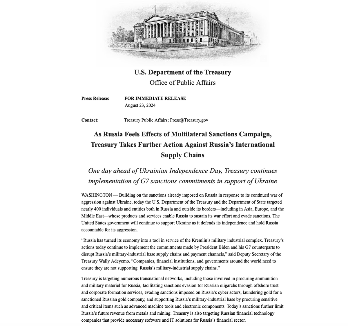 За день до Дня Незалежності України @USTreasury заявляє, що продовжує реалізацію санкційних зобов'язань G7 на підтримку України.