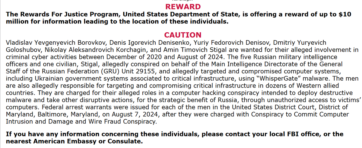 The @FBI announce a $10 m award for information leading to the arrest of GRU Unit 29155 hackers who targeted Ukrainian gov't infrastructure at the start of the invasion