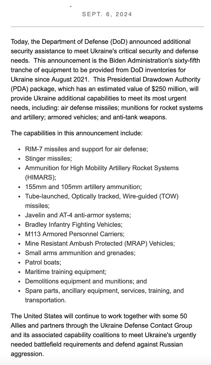 US announces $250 million in aid for Ukraine to meet Kyiv's most urgent needs. Includes: RIM-7 missiles/support for air defense; Stinger missiles; HIMARS ammo; artillery; TOW missiles; Javelin and AT-4 anti-armor systems;MRAPs