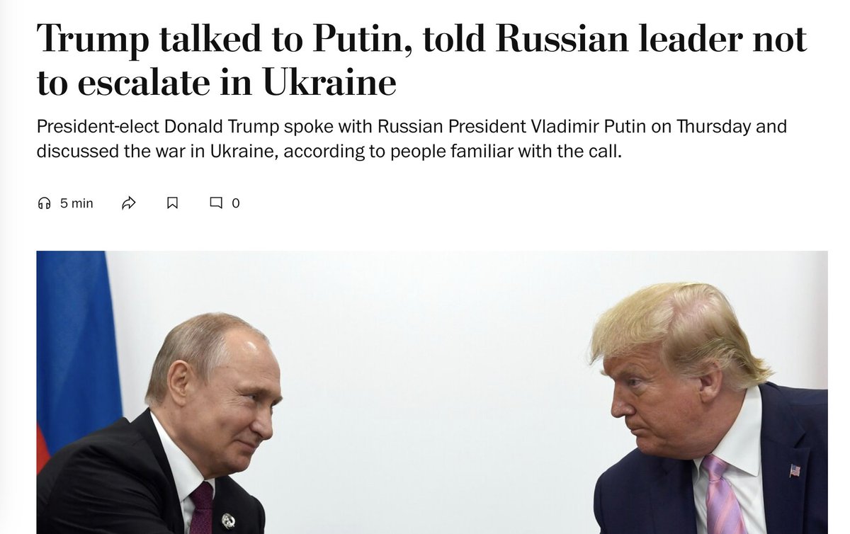 Washington Post: Трамп мав телефонну розмову з Путіним і говорив про війну в Україні, включаючи коротку дискусію про територію, що стало першою розмовою між двома чоловіками після перемоги Трампа на виборах. Радячи проти ескалації, Трамп зазначив значну військову присутність США в Європі. Чоловіки обговорили мету встановлення миру в Європі, і Трамп висловив зацікавленість у подальших розмовах, щоб обговорити незабаром вирішення війни в Україні, за джерелами.