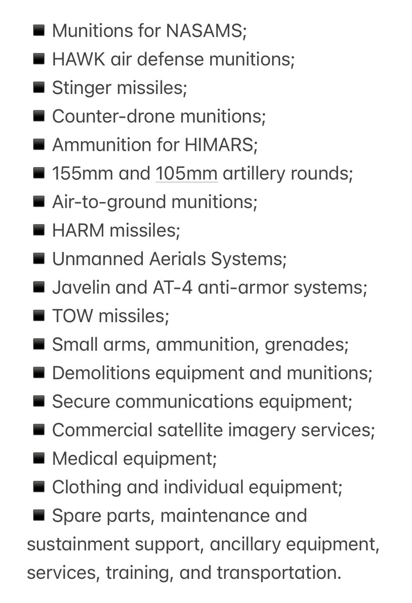 Full list of the equipment in the $2.5 billion weapons package for Ukraine that was announced earlier today. Air defense munitions, ammunition for HIMARS and artillery, air-to-ground munitions including HARMs, and more. Part of this package is PDA ($1.25 billion), and part is USAI ($1.22 billion)