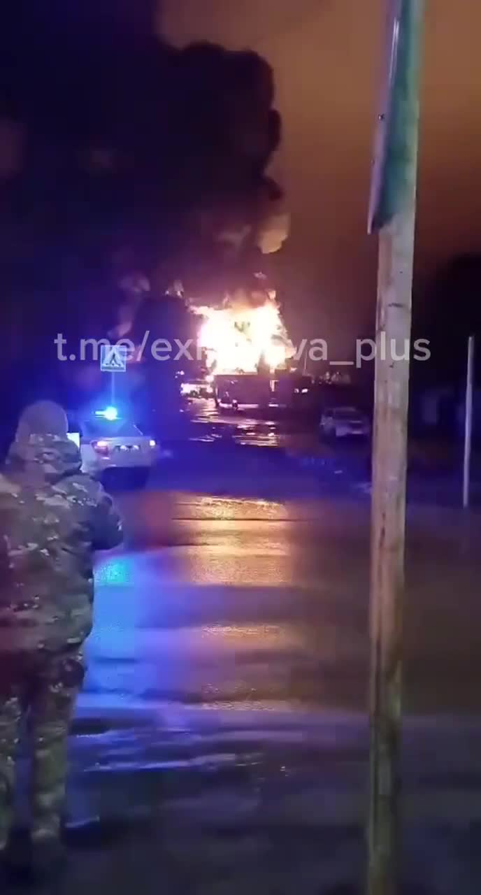 Fire at the oil depot in Lyudinovo, Kaluga as result of drone attack