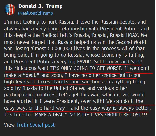 US-Präsident Trump an Putin zum Ukraine-Krieg. „Wir können es auf die einfache oder die harte Tour machen – und die einfache ist immer besser