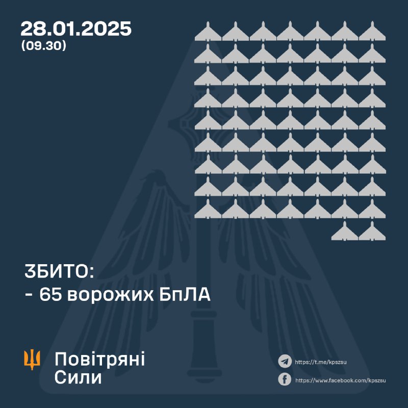 Украинские ПВО за ночь сбили 65 ударных беспилотников