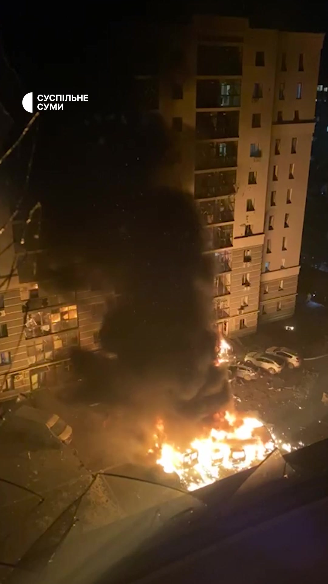 Several cars are on the fire at parking lot near residential house in Sumy as result of Russian drone strike