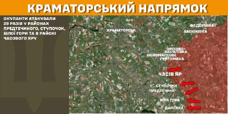 At Kramatorsk axis clashes yesterday near Predtechyne, Stupochky, Bila Hora and near Chasiv Yar, - General Staff of Armed Forces of Ukraine reports