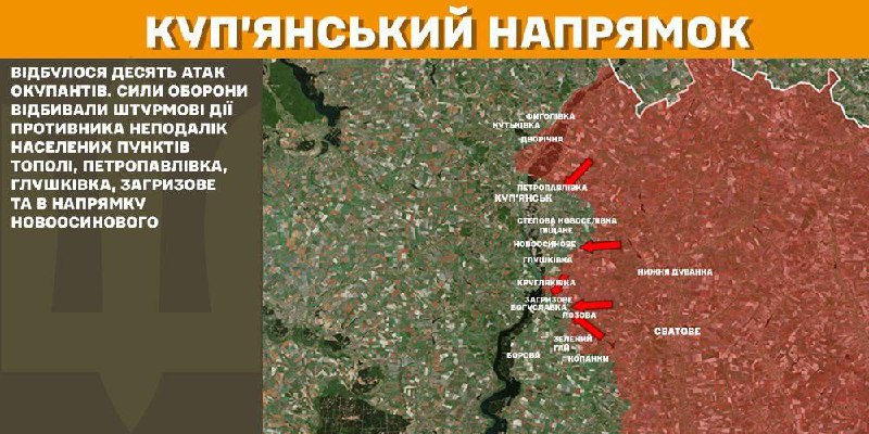 At Kupyansk axis clashes yesterday near Topoli, Petropavlivka, Hlushkivka, Zahryzove and towards Novoosynove, - General Staff of Armed Forces of Ukraine reports