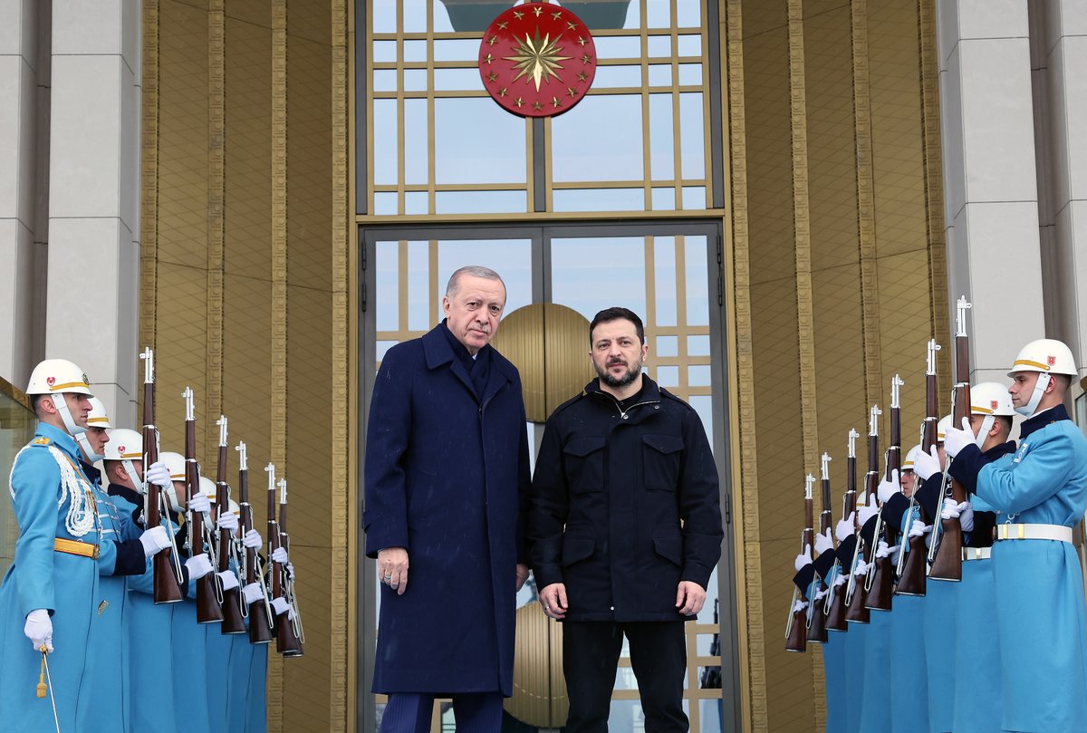 Turkish President Recep Tayyip Erdogan welcomes his Ukrainian counterpart Volodymyr Zelenskyy at the Presidential Complex in Ankara