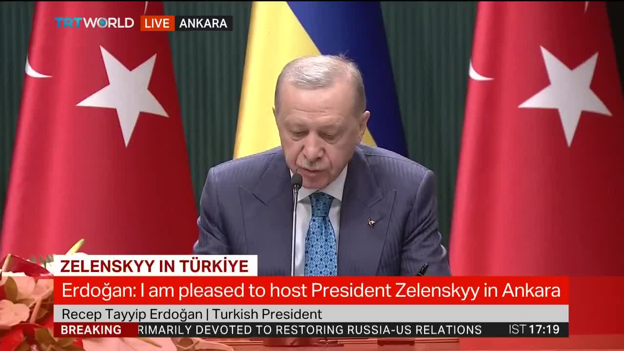 Turkish President Erdogan:- We've always advocated for establishment of peace negotiated between Russia and Ukraine; -Thanks to our diplomatic correspondences between the parties, we realised the Black Sea Grain Corridor Deal; - In last the years, we've met with the representatives of Russia and Ukraine at various levels; - Mr. Trump also stated war should end through dialogue; - As for the likely peace talks to be held by US, Russia and Ukraine, I believe that Türkiye will be very suitable host for such talks