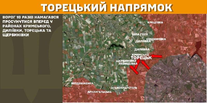 At Toretsk axis clashes yesterday near Krymske, Dyliyivka, Toretsk and Scherbynivka, - General Staff of Armed Forces of Ukraine reports