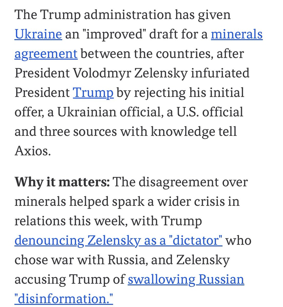 The Trump administration has given Ukraine an improved draft for a minerals agreement, after Zelensky infuriated President Trump by rejecting his initial offer, a Ukrainian official, a U.S. official and three sources with knowledge tell Axios