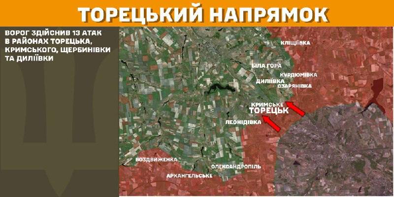 At Toretsk axis clashes yesterday near Toretsk, Krymske, Scherbynivka and Dyliyivka, - General Staff of Armed Forces of Ukraine reports