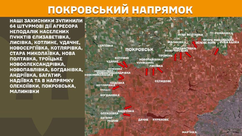 На Покровском направлении вчера произошли боестолкновения в районе Елизаветовки, Лысовки, Котлино, Удачного, Новосергиевки, Котляровки, Старой Николаевки, Новой Полтавки, Троицкого, Новоалександровки, Новопавловки, Богдановки, Андреевки, Багатыра, Надиевки и в сторону Алексеевки, Покровска. Малиновка, - сообщает Генеральный штаб ВСУ.