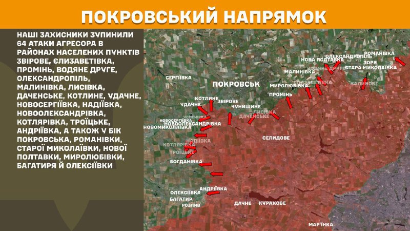 На Покровском направлении вчера произошли бои в районе Звирово, Елизаветовки, Промини, Водяного Друге, Александрополя, Малиновки, Лысовки, Даченского, Котлиного, Удачного, Новосергиевки, Надиевки, Новоалександровки, Котляровки, Троицкого, Андреевки, а также в сторону Покровска, Романовки, Старой. Николаевка, Новая Полтавка, Миролюбовка, Багатырь и Алексеевка, - сообщает Генеральный штаб ВСУ