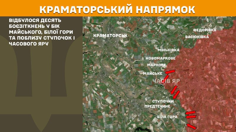 На Краматорском направлении вчера продолжались бои в районе Майского, Белой Горы, а также в районе Ступочек и Часового Яра, - Генштаб ВСУ