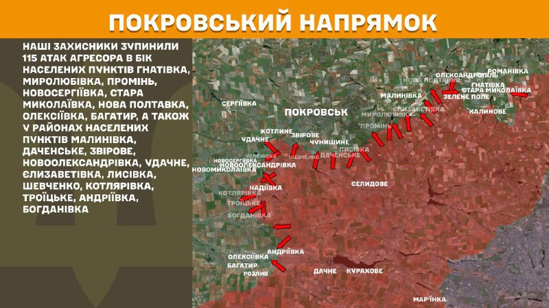 На Покровском направлении вчера произошли боестолкновения в районе Гнатовки, Миролюбовки, Промини, Новосергиевки, Старой Николаевки, Новой Полтавки, Алексеевки, Багатыря, а также в направлении городов Малиновка, Даченское, Звирово, Новоалександровка, Удачное, Елизаветовка, Лысовка, Шевченко, Котляровка, Троицкое, Андреевка, Богдановка, - сообщает Генеральный штаб ВСУ